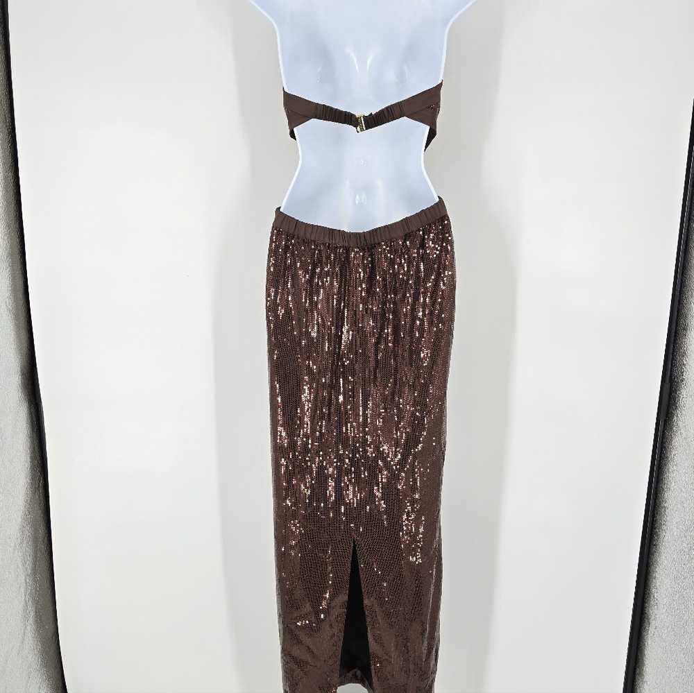 Staud Katharine Brown Cutout Sequin Maxi Dress Gown Halter Top Size M - Picture 6 of 13